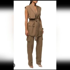 JLUXLABEL Tan Straight-Leg Cargo Jumpsuit with Self-Tie Waist